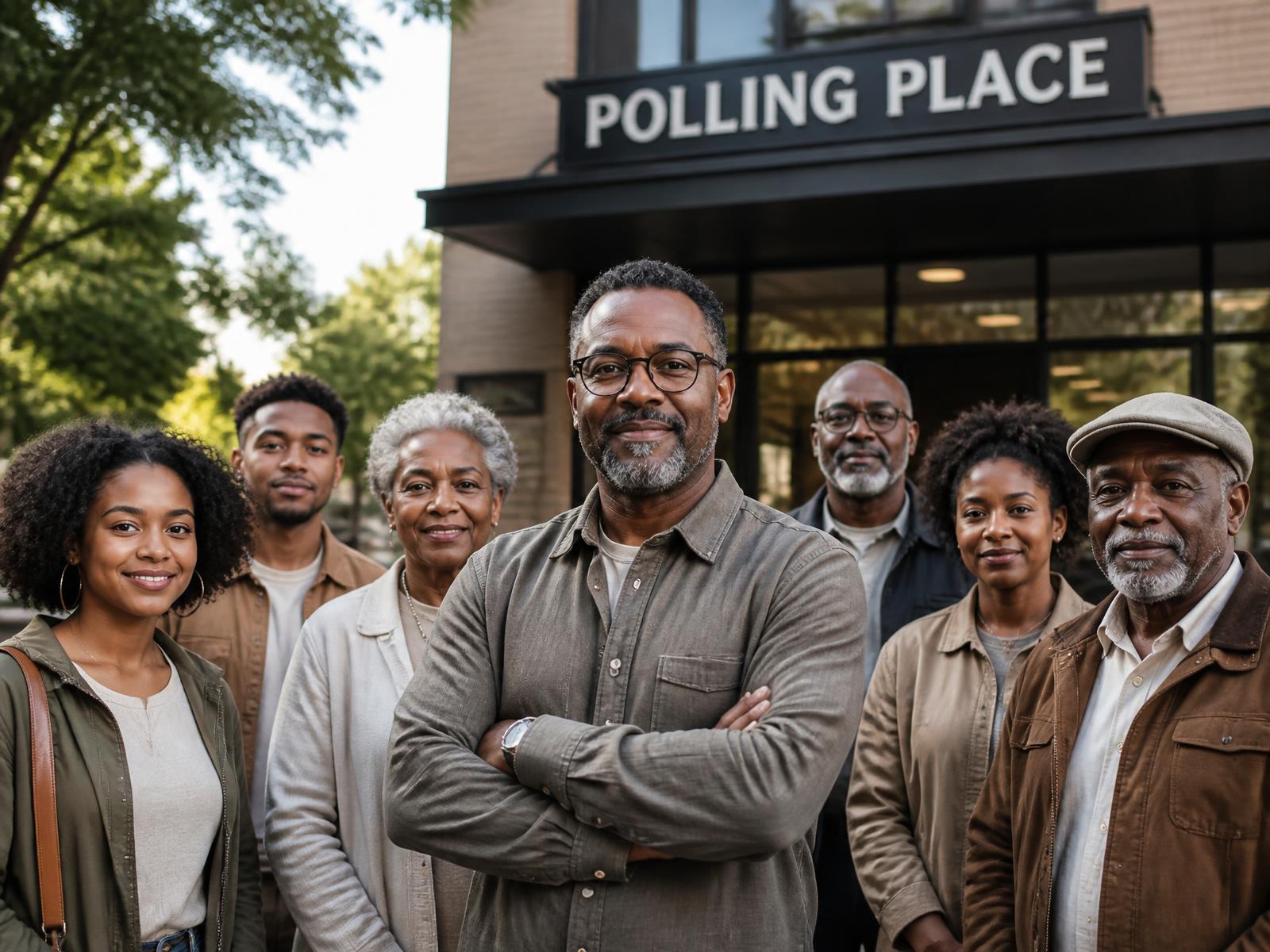A multigenerational group of Black voters standing together outside a polling place